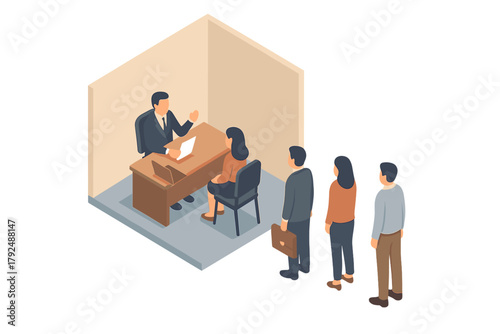 Line of candidates waiting for a job interview with a corporate executive at a desk