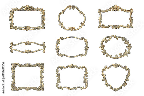 Collection of nine ornate vintage decorative frames and borders set on white background
