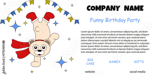 Birthday Party vector invitation horizontal banner. Vector hand drawn polar bear with holiday ribbon and typography. Perfect ads banner for holiday management company. EPS 10