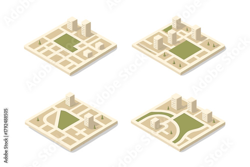 Four isometric urban map layouts with residential buildings, street grids, and green spaces