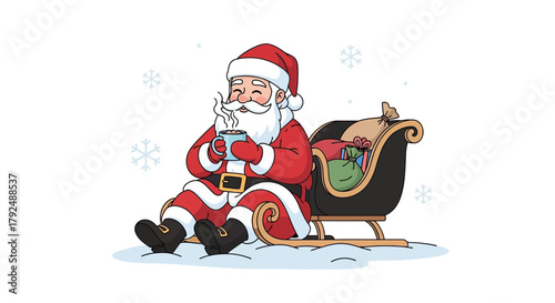 Smiling santa claus sitting in his sleigh holding a warm cup of cocoa surrounded by snowflakes and gifts