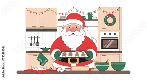 Santa claus in a cozy kitchen holding a tray of freshly baked gingerbread cookies ready for christmas celebrations