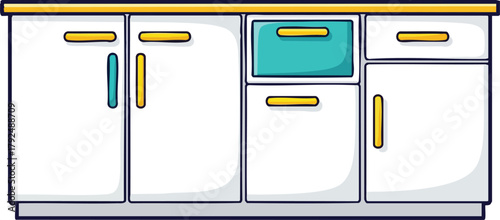 Modern Kitchen Cabinetry With White Doors And Teal Drawer Detail