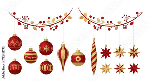Elegant red and gold christmas ornaments and star decorations hang from festive berry branches