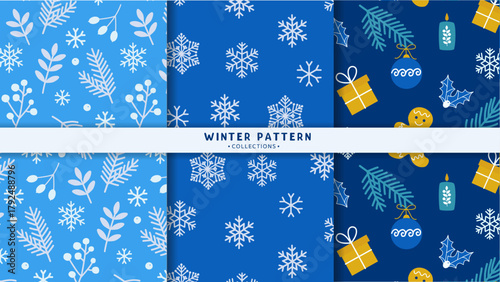 Vector collection of winter patterns in blue and white: snowflakes, fir branches, gifts, gingerbread, and ornaments. Modern seasonal backgrounds ideal for wrapping paper, textiles, decor, packaging.