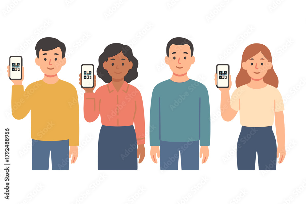 Fototapeta premium Four diverse individuals holding mobile phones showing scannable QR codes for digital services