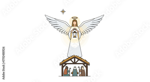 Christmas nativity scene with angel holding lantern above stable and shepherds under guiding star