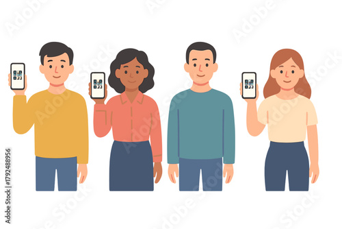 Four diverse individuals holding mobile phones showing scannable QR codes for digital services