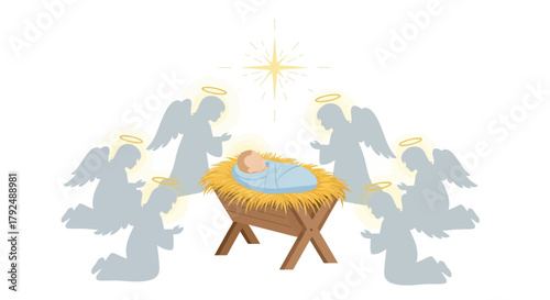 A gentle illustration of the nativity scene with a baby jesus in a manger surrounded by adoring angels and the star of bethlehem