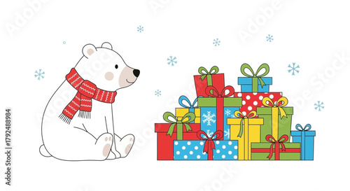 Cute polar bear wearing a red scarf sitting next to a large pile of colorful christmas presents and snowflakes