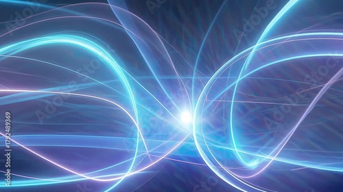 Abstract image with a futuristic composition featuring geometric shapes and dynamic lighting in cool shades of blue, violet, light blue and gold.