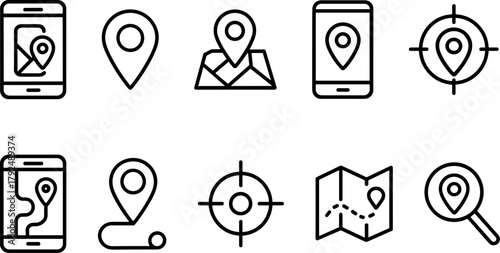 Location and navigation icons set. Map pin, route, destination, global positioning. Outline vector illustrations