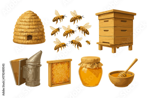 Beekeeping set with wooden hive, straw skep, smoker, honeycomb, honey jar, and flying bees