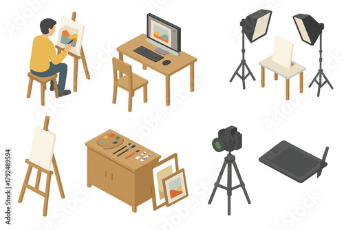 Isometric scene showing creative workspace tools, artist painting, computer, camera, and studio equipment