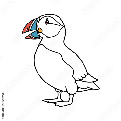 Adorable Atlantic Puffin illustration, a charming arctic bird cartoon, showcasing unique avian wildlife with vibrant beak colors, perfect for nature and animal concepts