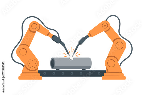 Two orange robotic arms performing welding work on a cylindrical metal object moving on a conveyor