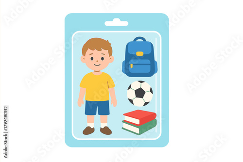 Smiling cartoon boy figure with school supplies packaged in retail blister pack