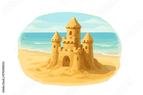Magnificent sandcastle structure built on a sunny beach with ocean waves and blue sky