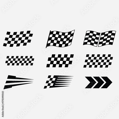 Racing checkered flags and dynamic speed stripes vector design set for motorsport events
