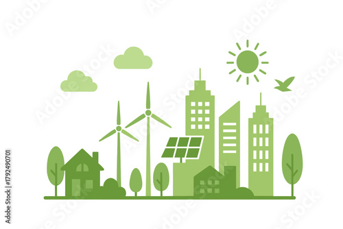 Sustainable green city skyline with renewable energy sources like wind turbines and solar panels