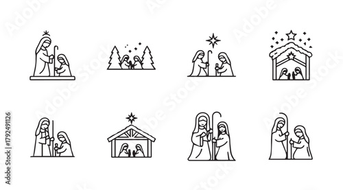Collection of simple line art nativity scenes in silhouette style