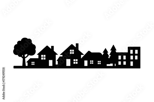 Black silhouette of a suburban neighborhood skyline with houses, apartment buildings, and trees on white