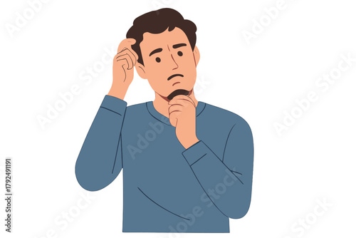 Confused young man scratching his head and chin, thinking about a difficult decision or problem
