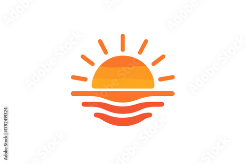 Minimalist orange sunset or sunrise icon over the ocean horizon with radiating light rays