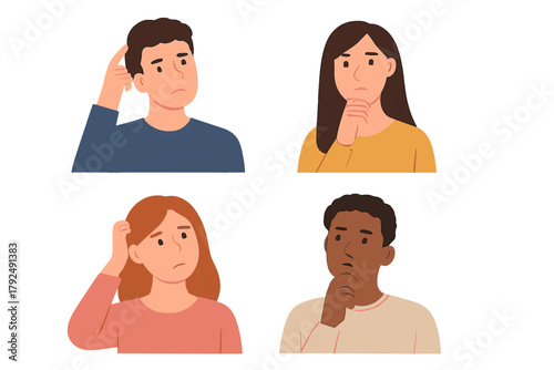 Diverse group of young adults expressing confusion, doubt, or deep thought with hand gestures