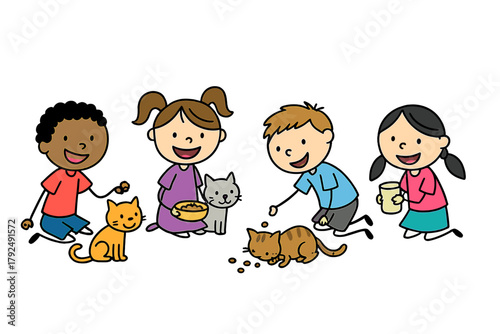 Happy diverse group of children kneeling and feeding small domestic cats