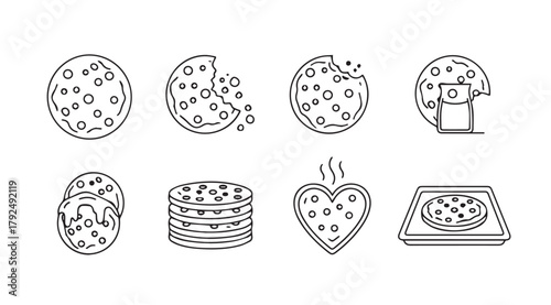 Collection of various pizza and cookie icons in a simple line art silhouette style