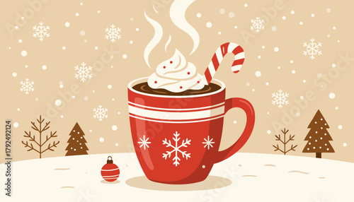 Hot chocolate in red mug with candy cane and whipped cream in winter  