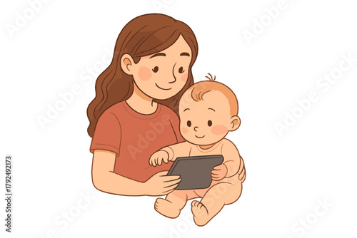 Mother holding baby while they look at a small digital tablet screen together