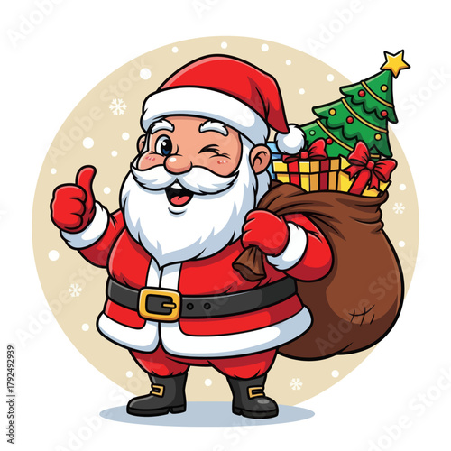 Cute cartoon Santa Claus holding a gift bag and giving a thumbs-up, surrounded by snowflakes. Perfect for Christmas cards, holiday banners, festive designs, and winter illustrations.
