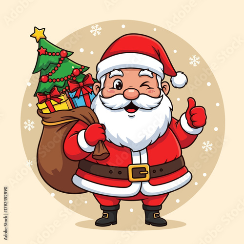 Cute cartoon Santa Claus holding a gift bag and giving a thumbs-up, surrounded by snowflakes. Perfect for Christmas cards, holiday banners, festive designs, and winter illustrations.
