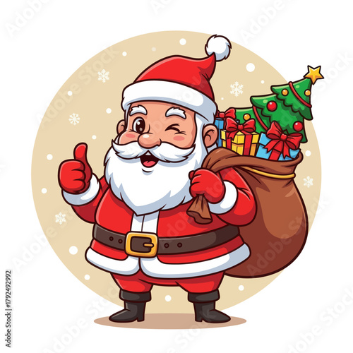 Cute cartoon Santa Claus holding a gift bag and giving a thumbs-up, surrounded by snowflakes. Perfect for Christmas cards, holiday banners, festive designs, and winter illustrations.
