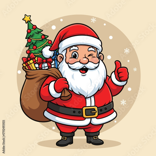 Cute cartoon Santa Claus holding a gift bag and giving a thumbs-up, surrounded by snowflakes. Perfect for Christmas cards, holiday banners, festive designs, and winter illustrations.