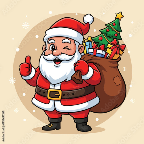 Cute cartoon Santa Claus holding a gift bag and giving a thumbs-up, surrounded by snowflakes. Perfect for Christmas cards, holiday banners, festive designs, and winter illustrations.