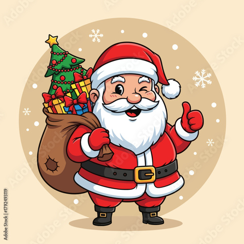Cute cartoon Santa Claus holding a gift bag and giving a thumbs-up, surrounded by snowflakes. Perfect for Christmas cards, holiday banners, festive designs, and winter illustrations.