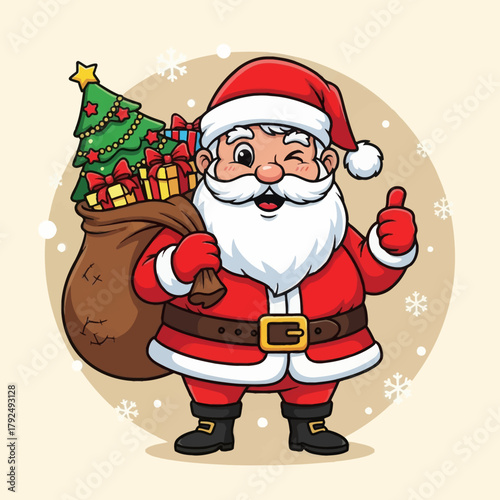 Cute cartoon Santa Claus holding a gift bag and giving a thumbs-up, surrounded by snowflakes. Perfect for Christmas cards, holiday banners, festive designs, and winter illustrations.