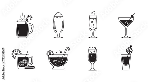 Collection of eight different cocktail and drink silhouettes in a simple illustrative style silhouette