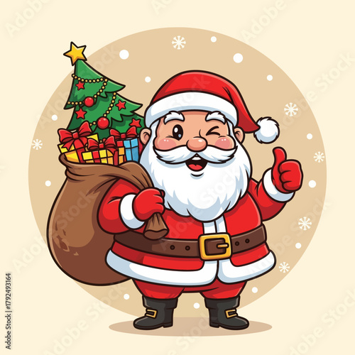 Cute cartoon Santa Claus holding a gift bag and giving a thumbs-up, surrounded by snowflakes. Perfect for Christmas cards, holiday banners, festive designs, and winter illustrations.