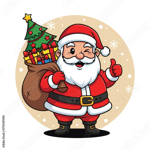 Cute cartoon Santa Claus holding a gift bag and giving a thumbs-up, surrounded by snowflakes. Perfect for Christmas cards, holiday banners, festive designs, and winter illustrations.