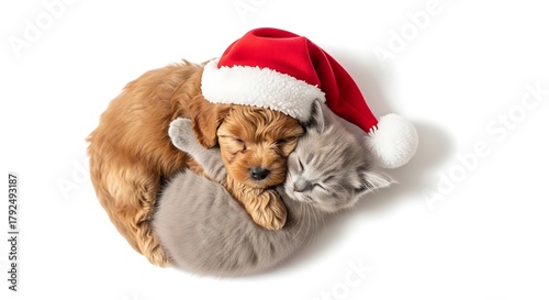 Adorable puppy and kitten snuggling together wearing a Christmas hat.