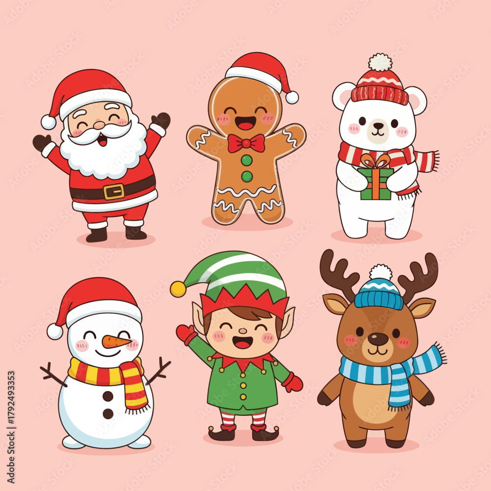 Fototapeta premium Cute Christmas character set featuring Santa, gingerbread man, polar bear, snowman, elf, and reindeer in festive outfits. Perfect for holiday cards, stickers, decorations, and winter designs.