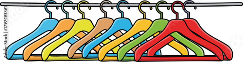 Colorful Clothes Hangers Lined Up On A Rod Against A White Background