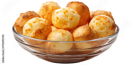 Bowl full of delicious brazilian cheese bread Pão de Queijo on translucent backdrop