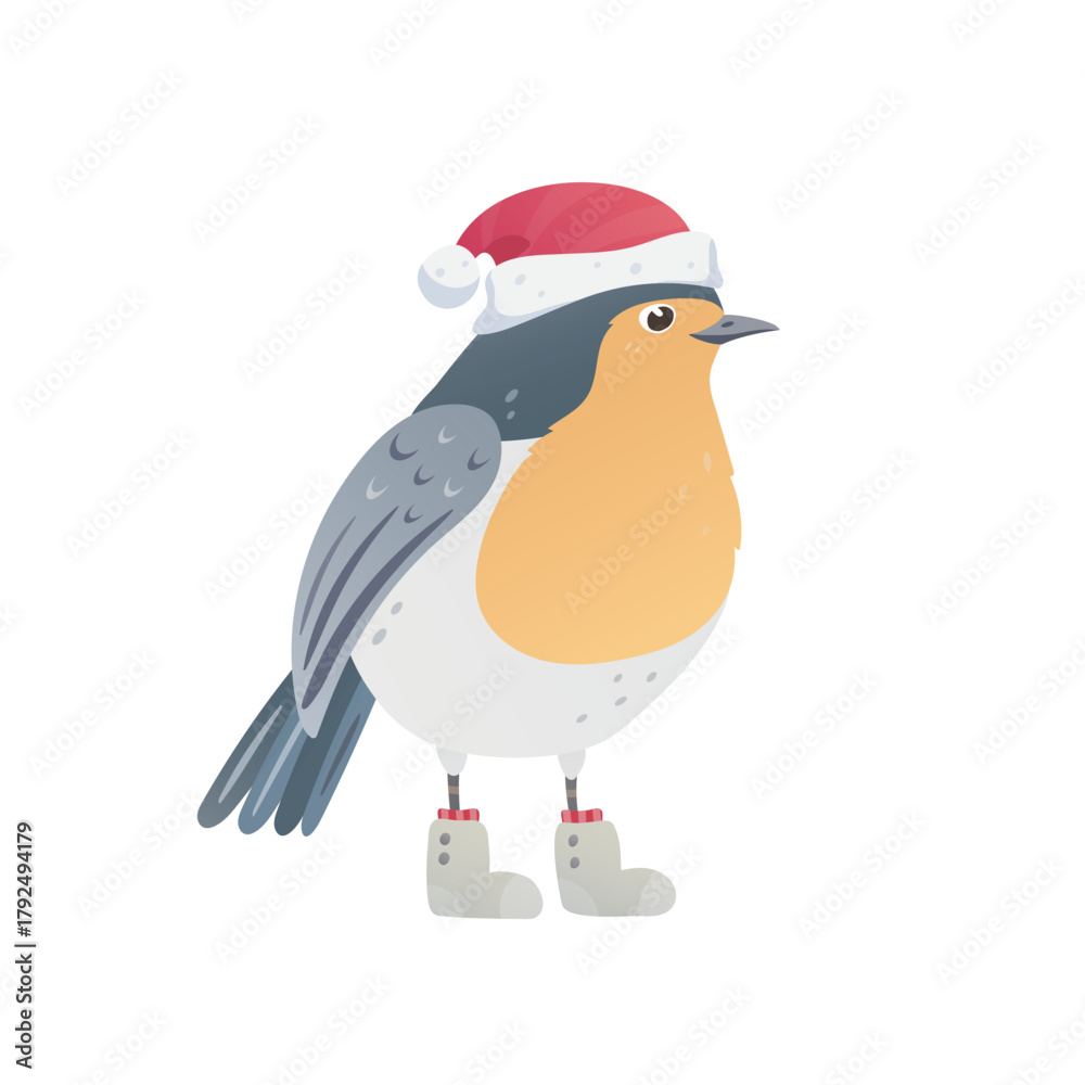 Obraz premium Robin Redbreast wishes you a Merry Christmas. Cute bird character in a Santa hat and winter boots. Vector illustration, perfect for Christmas cards, holiday decorations, stickers, and festive designs.