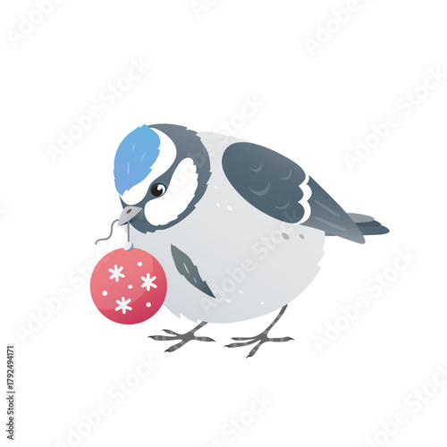Blue Tit wishes you a Merry Christmas. Adorable vector bird character with a red ball. Soft pastel flat style. Cute chickadee for greeting cards, winter decor, children’s books, and holiday designs.