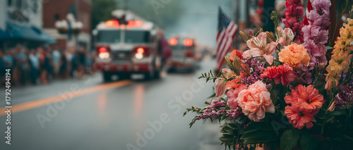 Fototapeta Naklejka Na Ścianę i Meble -  Beautiful flowers bloom along the side of an empty street in a small Maine town during a colorful firetruck parade, featuring the American flag and bright decorations that reflect local pride